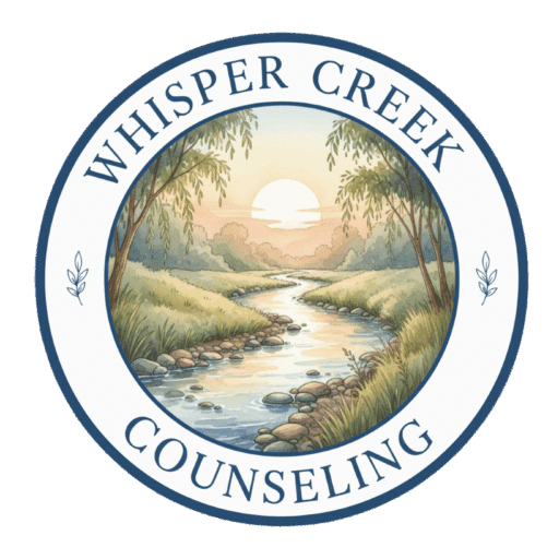 Image of Whisper Creek Logo Rolling calm stream with sunset in background