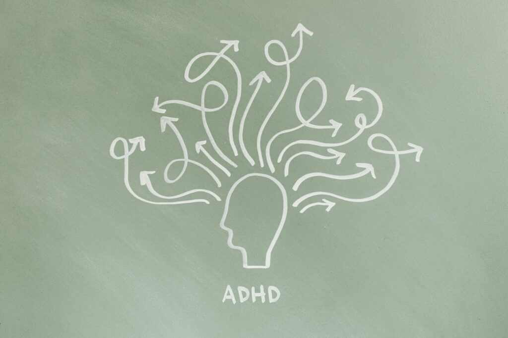 Image of a drawing about ADHD, how thoughts are rapid and twisting outside the head